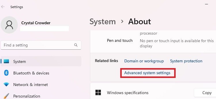 Нажатие кнопки «Дополнительные параметры системы» в настройках Windows.