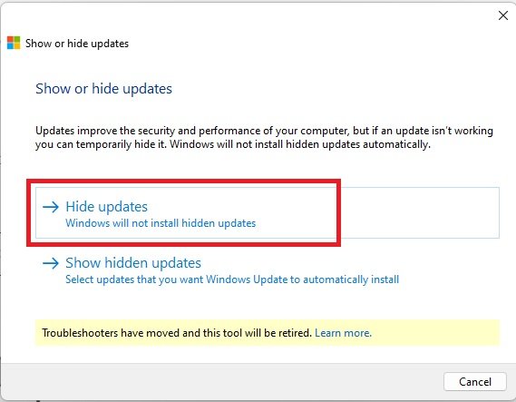 Выбор опции «Скрыть обновления» в инструменте Hide Update Tool от Microsoft.