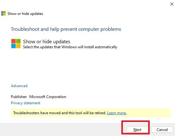 Нажмите кнопку «Далее» в Microsoft Hide Update Tool.