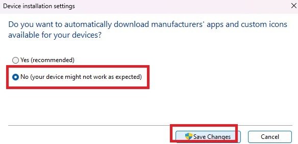 В окне настроек установки устройства выберите параметр «Нет (ваше устройство может работать не так, как ожидалось)».
