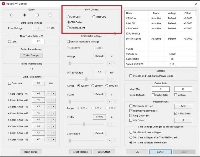 Раздел «FIVR Control» с опциями Throttlestop.