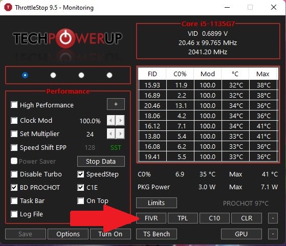 Нажав на опцию «FIVR» в Throttlestop.