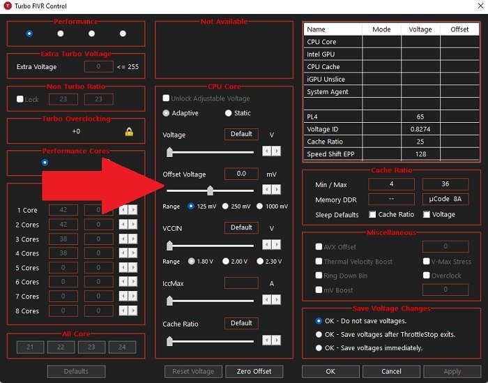 Уменьшение ползунка «Напряжение смещения» в Throttlestop.