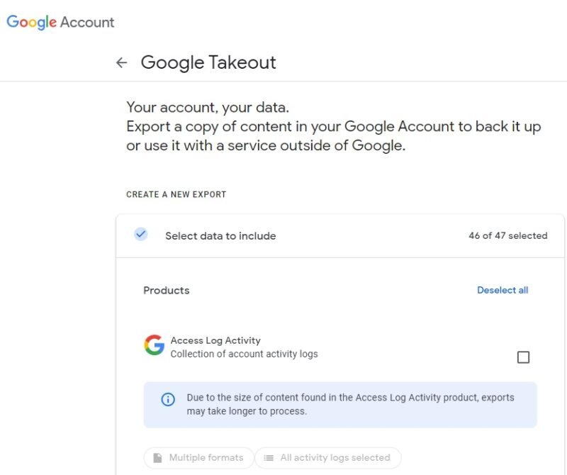 Выбор данных для резервного копирования с помощью Google Takeout.