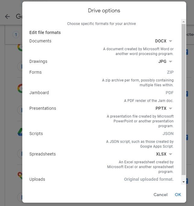 Выбор форматов файлов для файлов Google Диска.