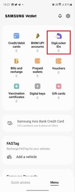 Выбор опции «Идентификаторы DigiLocker» в приложении Samsung Wallet.