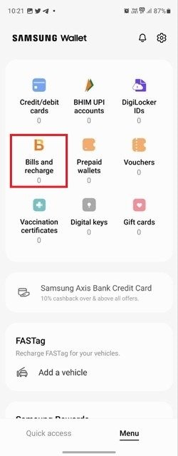 Нажатие на опцию «Счет и пополнение счета» в приложении Samsung Wallet.