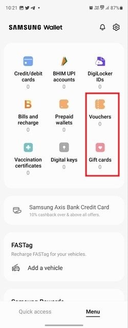 Опции «Ваучеры» и «Подарочные карты» в приложении Samsung Wallet.