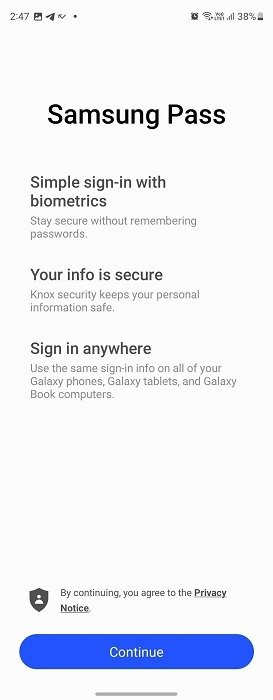 Настройка Samsung Pass с использованием учетных данных Samsung.