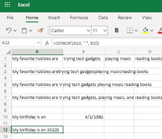 Как использовать функцию объединения в Excel Date 1