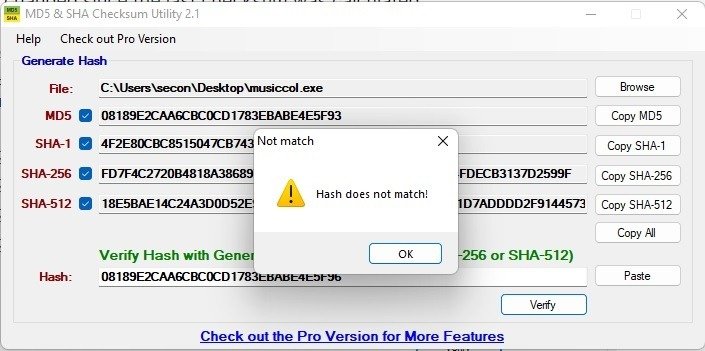 Сообщение «Хеш не соответствует» в утилите контрольной суммы MD5 и SHA.