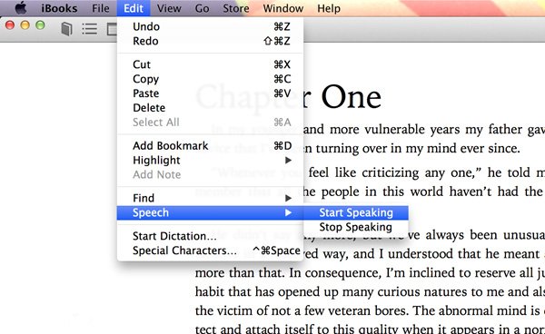 iBooks-Чтение-вслух-Mac-Правка-Меню