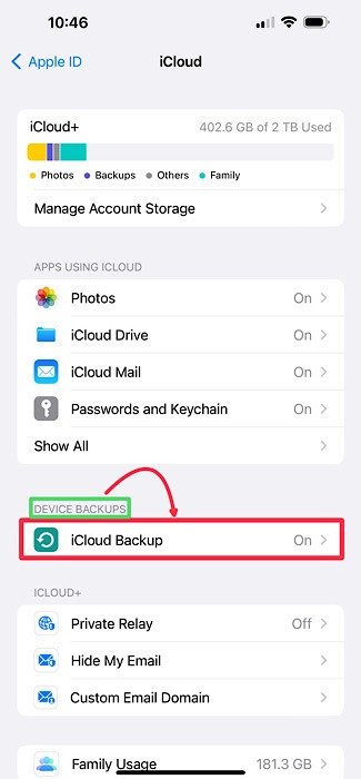 Меню резервного копирования Icloud Iphone