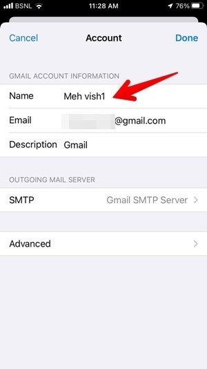 Настройки приложения Iphone Mail Имя Gmail