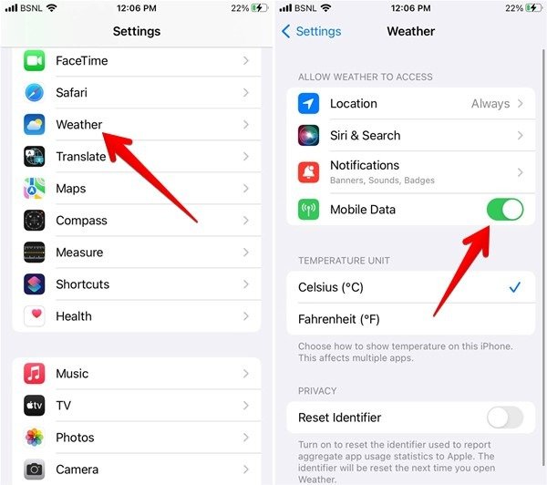 Iphone Weather Включить мобильные данные