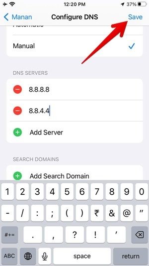 Сохранение новых настроек DNS на iPhone.