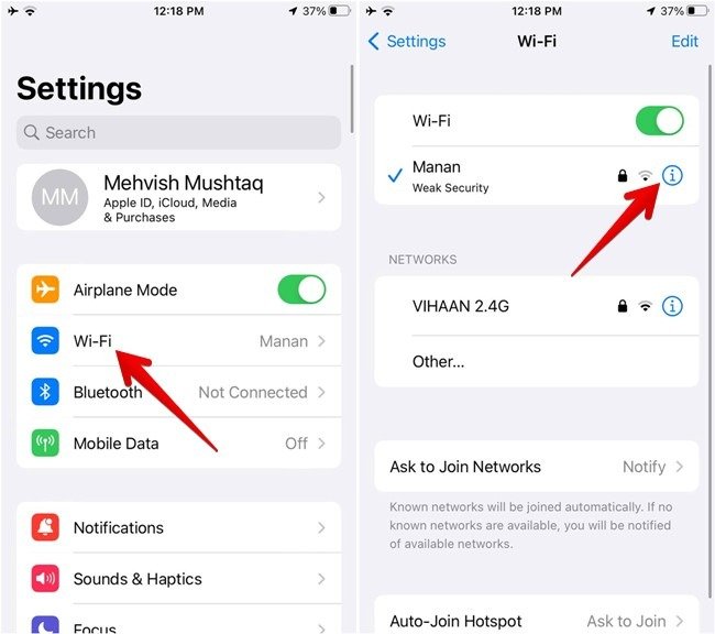 Доступ к опциям «Wi-Fi» в настройках iPhone.