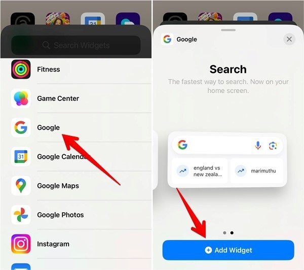 Нажмите кнопку «Добавить виджет» для Google на iPhone.