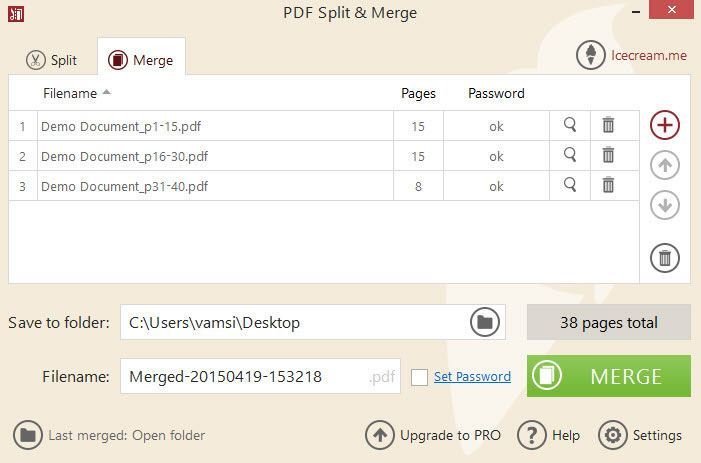 Параметры слияния PDF Split и Merge.