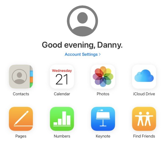 Снимок экрана, показывающий домашнюю страницу iCloud.