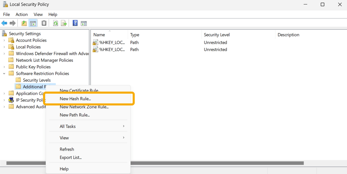 Нажатие на опцию «Новое правило хеширования» в локальной политике безопасности.