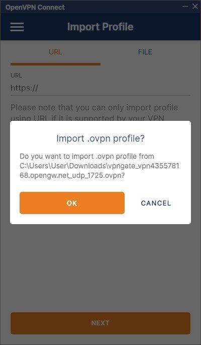 Импортировать профиль OvPN