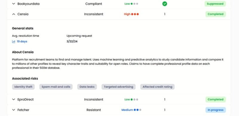 Incogni отображает дополнительную информацию о брокере данных.