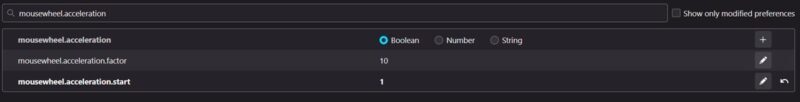 Настройка значений «mousewheel.acceleration» в Firefox.