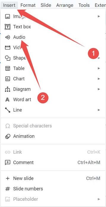 Вставка аудио в слайды Google через верхнее меню