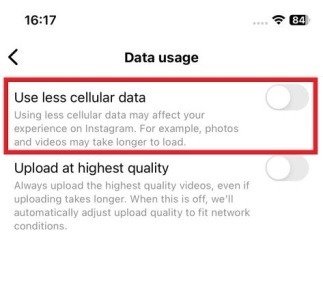 Отключение «Использовать меньше сотовых данных» в приложении Instagram для iOS.