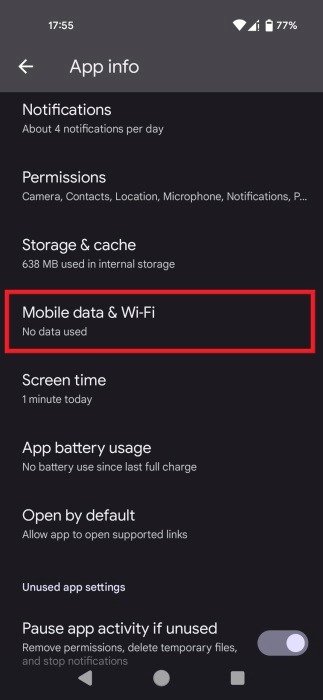 Выбор «Мобильные данные и Wi-Fi» в настройках Android.