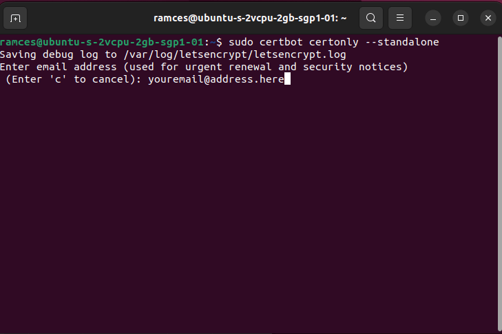 Окно терминала, в котором Certbot запрашивает адрес электронной почты.