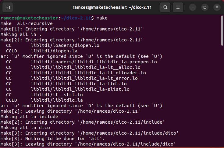 Окно терминала, показывающее процесс компиляции GNU Dico.