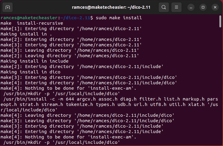 Окно терминала, показывающее процесс копирования двоичного файла GNU Dico.