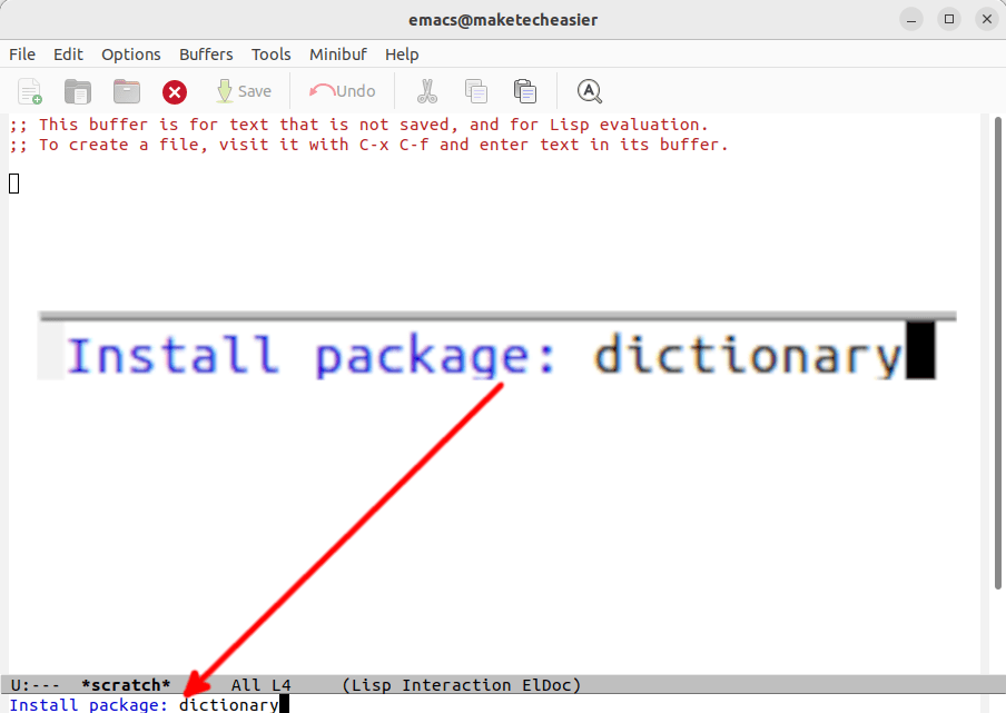 Окно Emacs, показывающее установку пакета Dictionary.el.