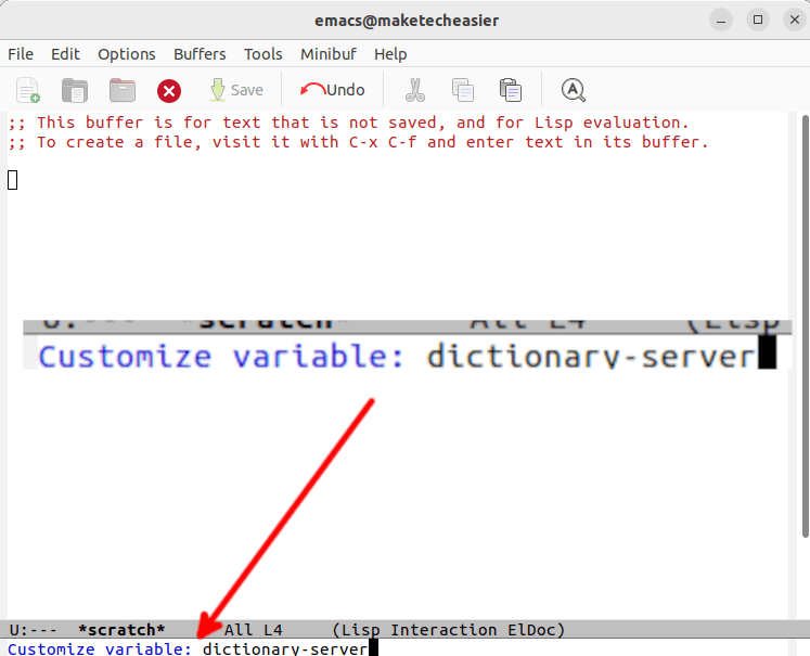 Окно Emacs, показывающее, как настроить переменную словаря-сервера.