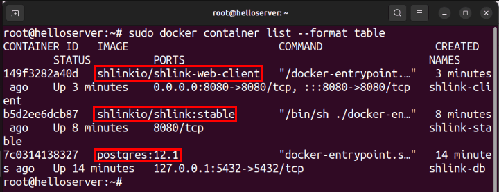 Терминал, показывающий различные контейнеры Docker, работающие для поддержки Shlink.