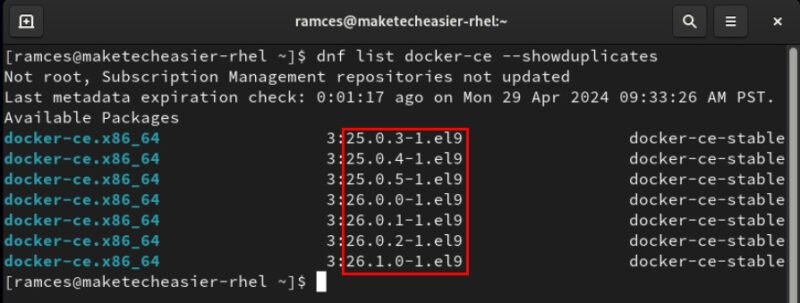 Терминал, показывающий различные версии Docker, доступные в RHEL.