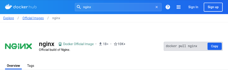 Скриншот страницы изображения Docker для Nginx.