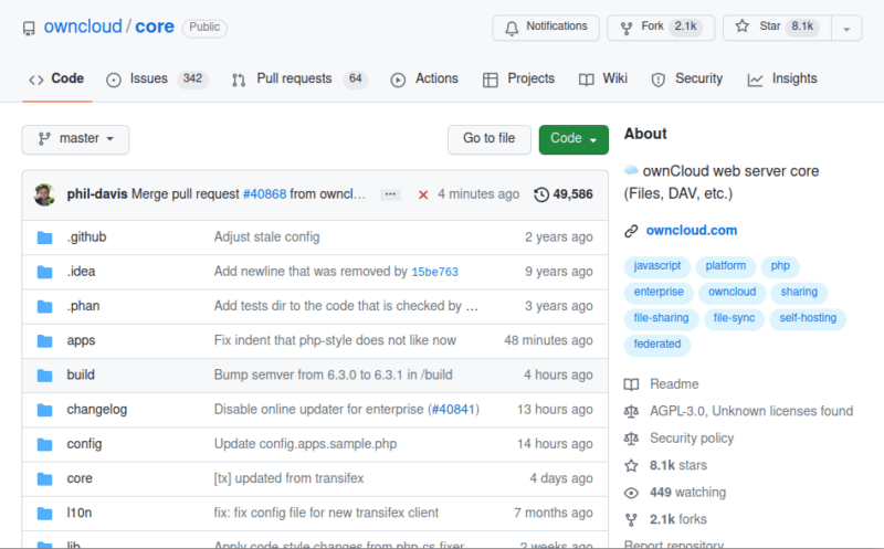 Скриншот страницы ownCloud на github.