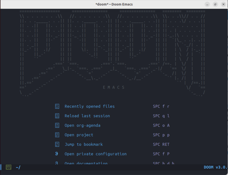 Снимок экрана, показывающий экран приветствия Doom Emacs по умолчанию.