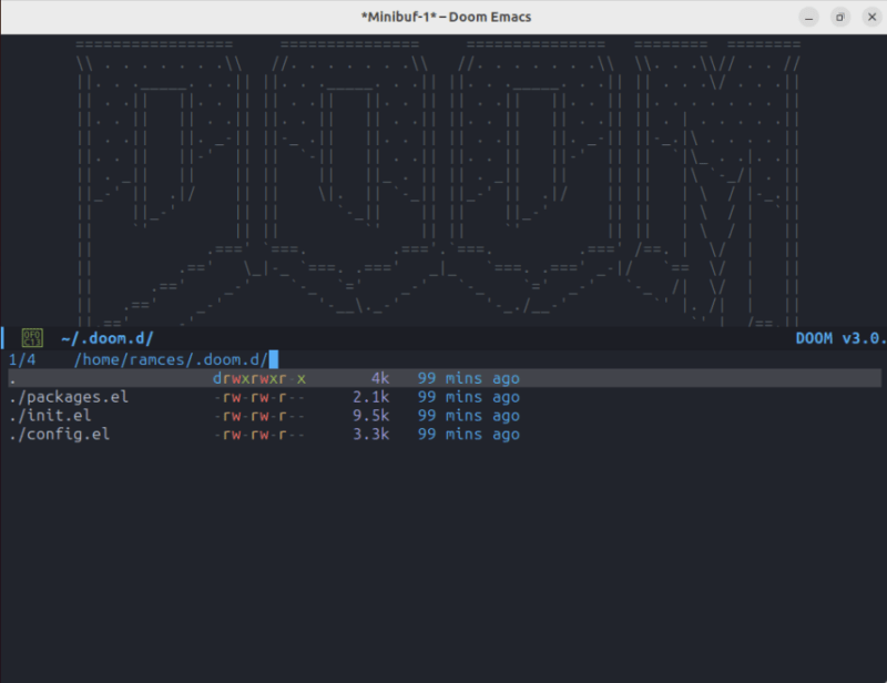 Снимок экрана, показывающий список доступных файлов конфигурации для Doom Emacs.