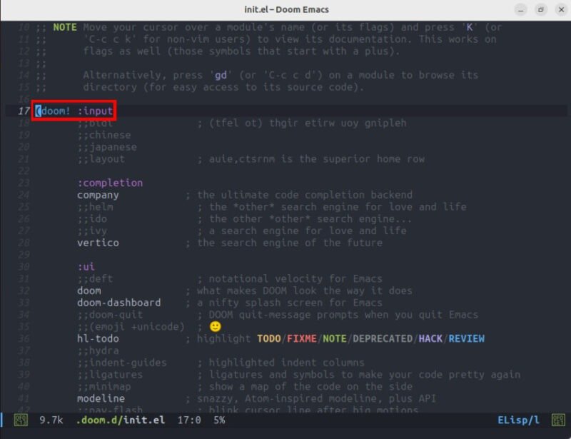 Снимок экрана, показывающий функцию Doom для текущей установки Doom Emacs.
