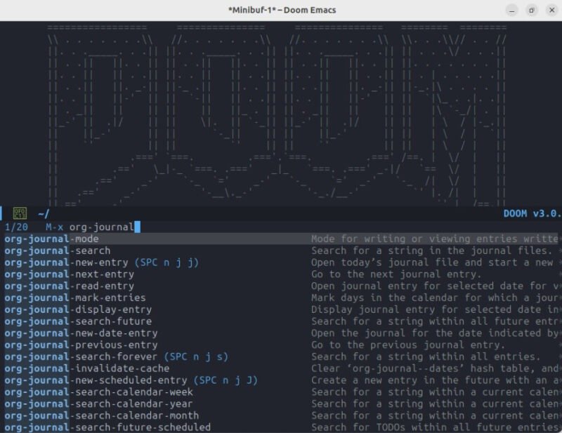 Снимок экрана, показывающий работающую установку Doom Emacs с пользовательским флагом модуля.