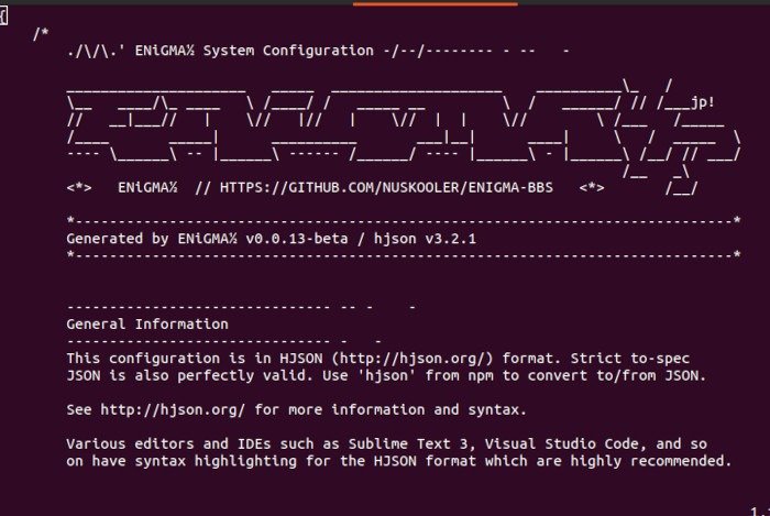 Установите Enigmabbs Linux 28. Пример файла Enigmabbs Hjson.