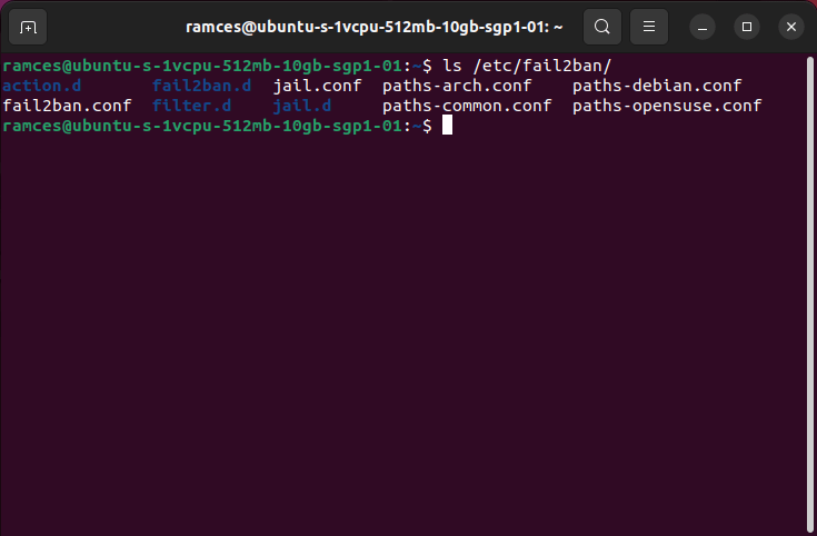 Окно терминала, показывающее содержимое каталога Fail2ban.