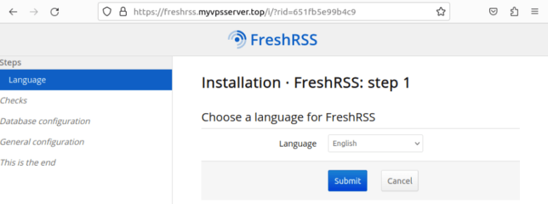 Снимок экрана, показывающий подсказку выбора языка для FreshRSS.