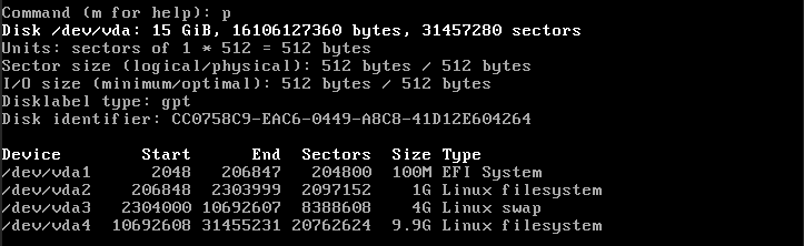 Терминал, показывающий новую структуру таблицы разделов для Gentoo Linux.