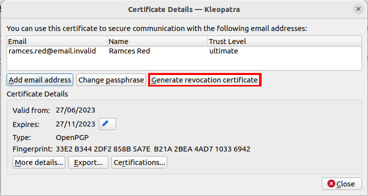 Снимок экрана, показывающий опцию отзыва сертификата в GNU Kleopatra.