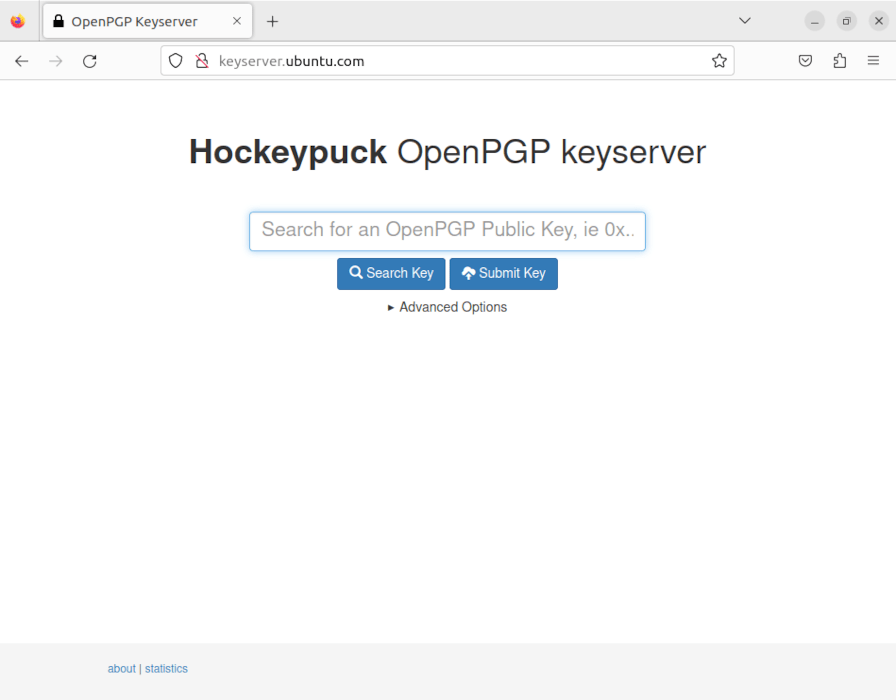 Снимок экрана, показывающий веб-сайт сервера ключей Ubuntu.
